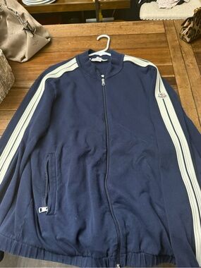 Moncler Men's Navy Zip-Up Track Jacket with White Shoulder Stripes